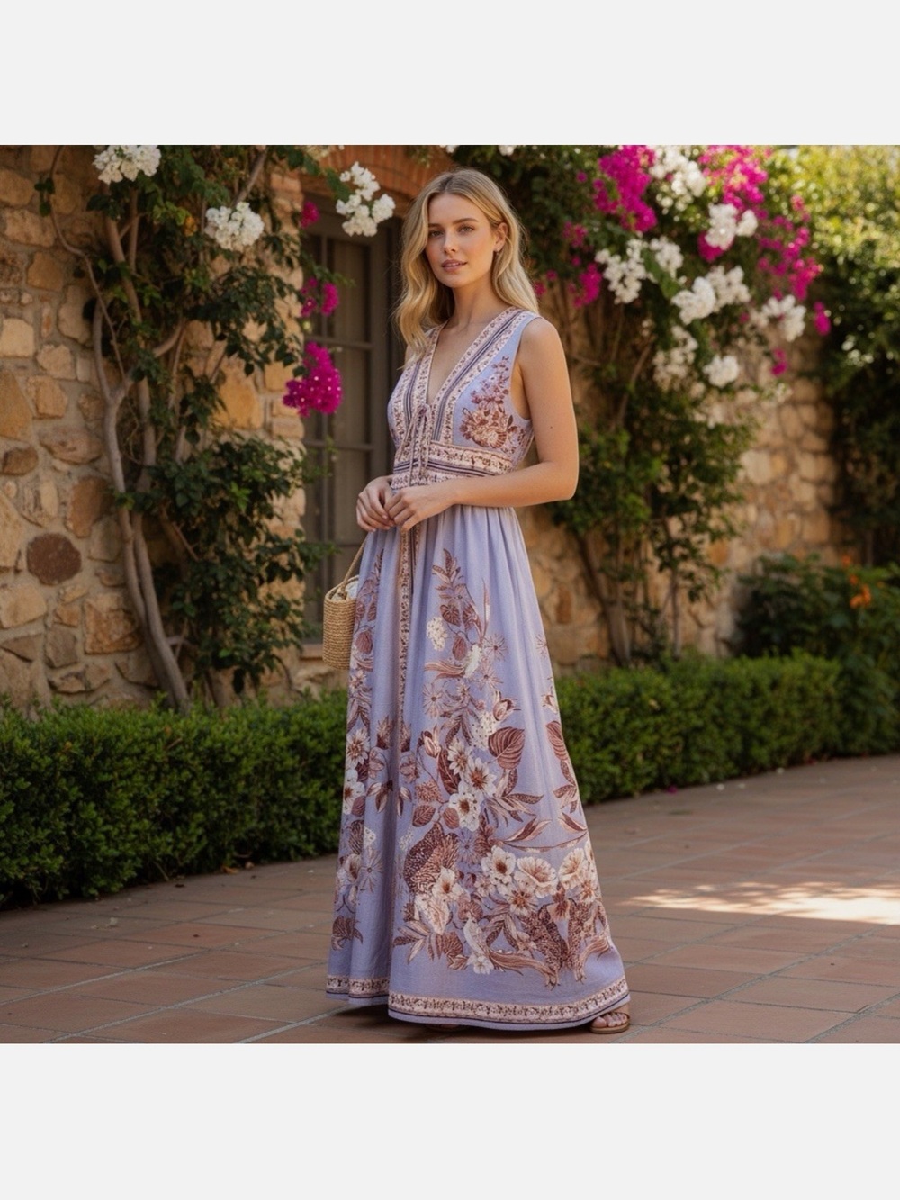 Caroline Constas Sleeveless Lavender Floral V-Neck Maxi Dress